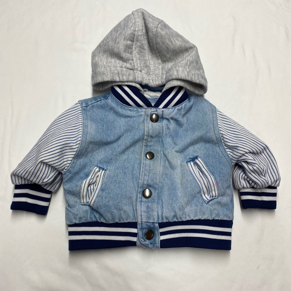 Vintage Skyline Baby Boy Denim Varsity Jacket Striped Hooded Light Wash 12M